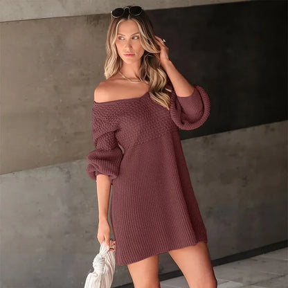 Hot Sale European American Style Autumn Winter Casual Dating V-neck Puff Sleeve Solid Color Sweater Dress