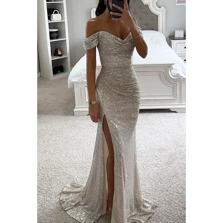 Women's Gold Mermaid Sequined Evening Party Dress Bling Prom Gown Off Shoulder Formal Wear for Summer Seasons Long Dress