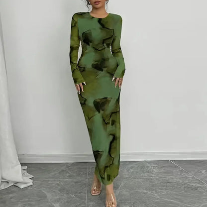 BR6013 Women's Vintage Printed Stretchy Dress Empire Waist Crew Neck Long Skirt Anti-Static Polyester Spandex