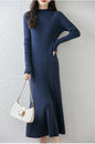 Autumn and Winter Women's Mid Length Knee Length Sweater Dress Semi High Collar Bottom A-line Knitted Dress