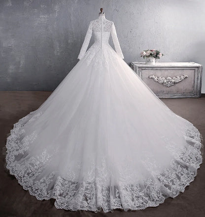 Customizable American Lace Vintage Empire Bridal Dress Zipper Back Stand Collar Long Sleeve Large Tail Plus Size Muslim Wedding