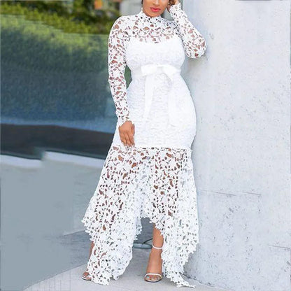 Boutique Wholesale 2025 Autumn New Fashion Stand Collar Lace Hollow Out Long Sleeved Irregular Women's Dress