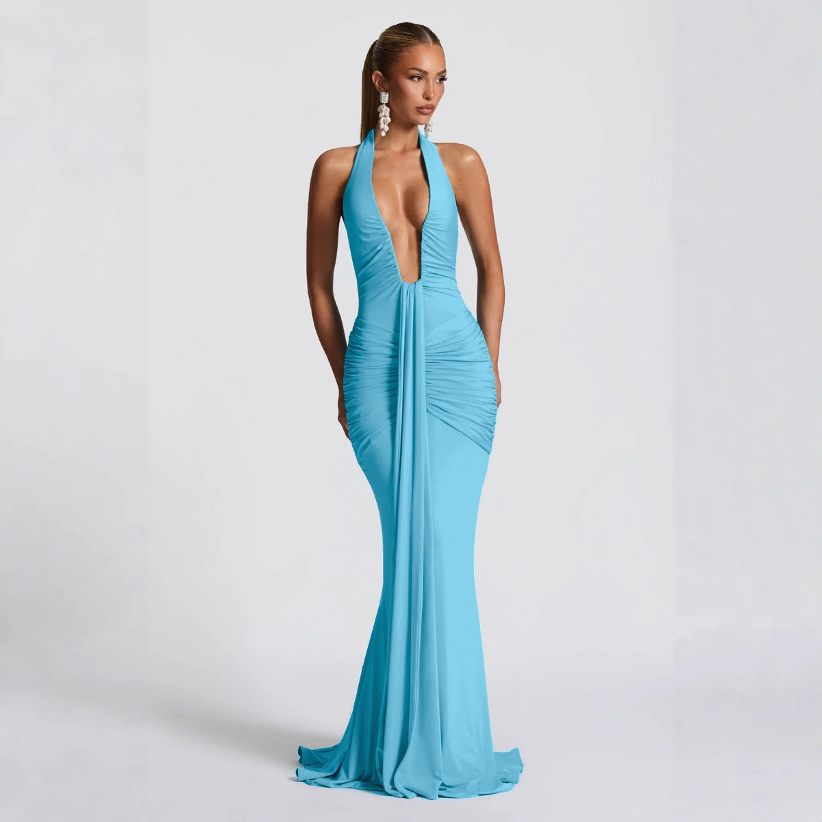 2026 Fashion Summer Women Halter Deep V-Neck Backless Solid Casual Maxi 100% Polyester Crystal Vacation Dresses