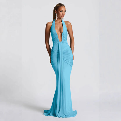2026 Fashion Summer Women Halter Deep V-Neck Backless Solid Casual Maxi 100% Polyester Crystal Vacation Dresses