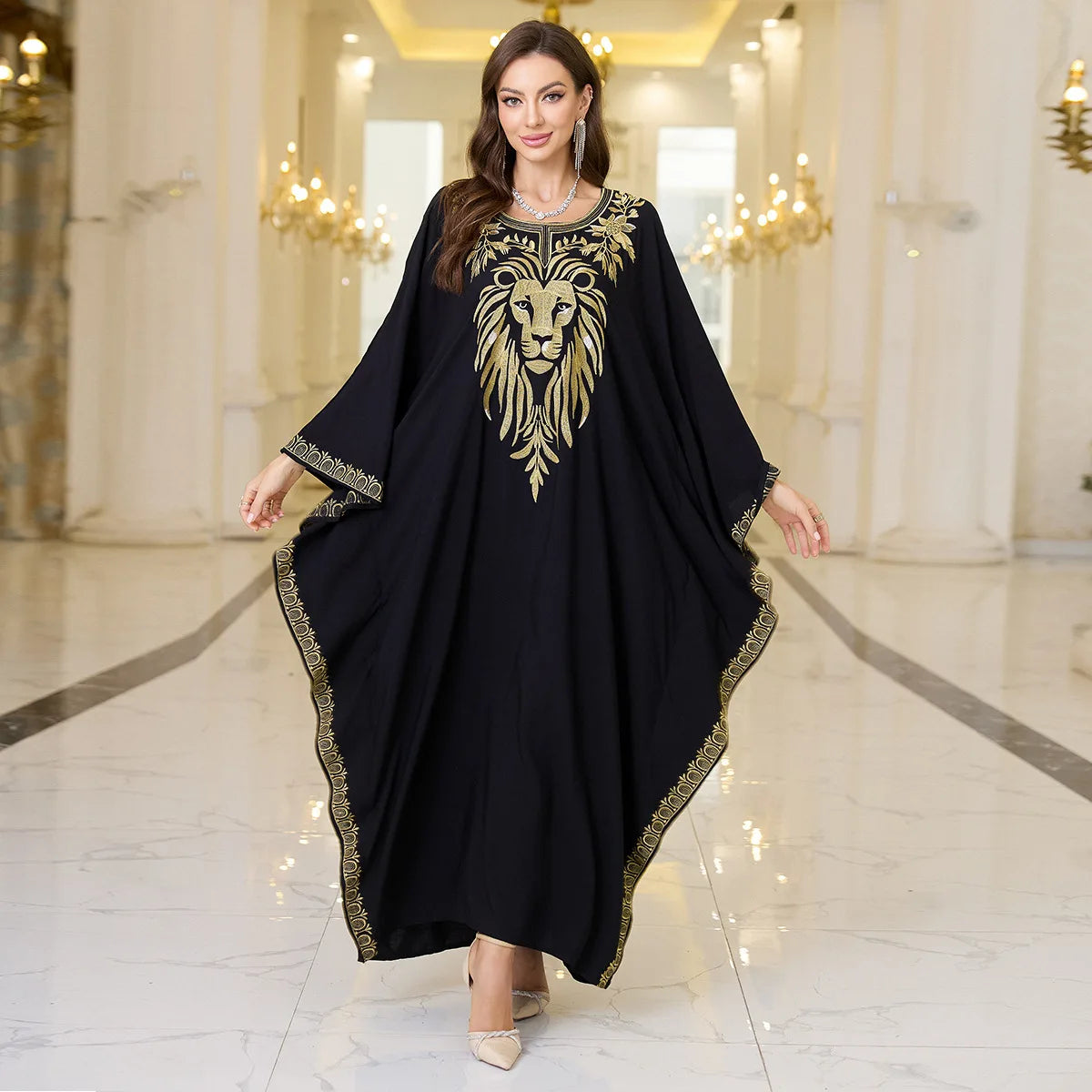 Beach Abaya in Rayon with Gold Embroidery and Batwing Sleeves for Vacation Available on for (24 Colors) L4125