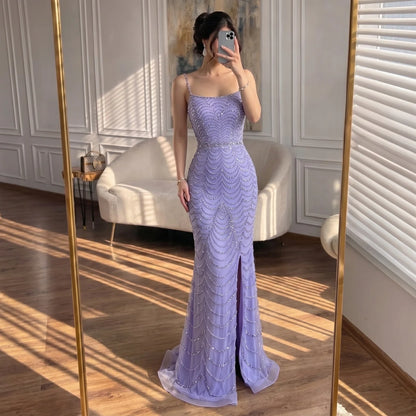 Serene Hill LA72109 Lilac Spaghetti Strap Mermaid Beaded Evening Gown with  Side Slit Formal Party Dress for Women
