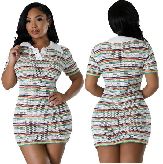 AJ4450 Winter A-Line Casual Women's Woolen Neck Knitted Slim-fit Short Sleeve Striped Button Polo Neck Dress