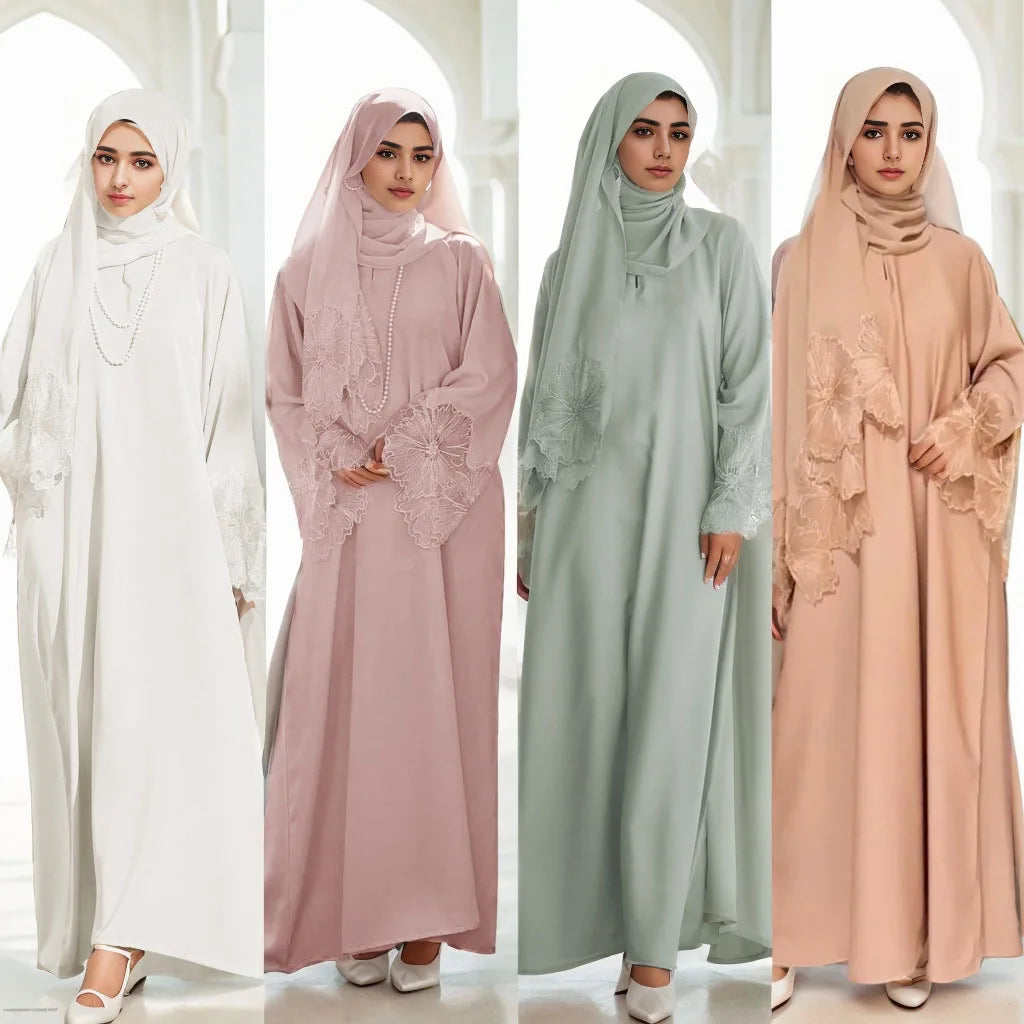 2025 Spring New Middle Eastern Women Clothing Muslim Women Robe With Lace Sleeves Malay Indonesian Dress With Headscarf Hijab