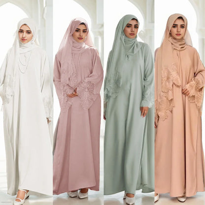 2025 Spring New Middle Eastern Women Clothing Muslim Women Robe With Lace Sleeves Malay Indonesian Dress With Headscarf Hijab