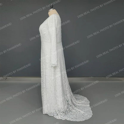 10561#Bohemian Beach Boat Neck Beach A-Line Lace Ruched Sexy Backless Sweep Train Long Sleeves Long Wedding Dress Bridal Gown