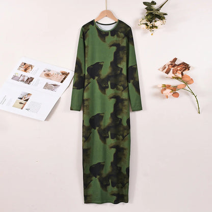 BR6013 Women's Vintage Printed Stretchy Dress Empire Waist Crew Neck Long Skirt Anti-Static Polyester Spandex