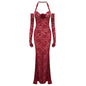 2024 New Floral Embroidery V-neck Halter Dress Slim Mesh Red Long Women Dress Evening Gown