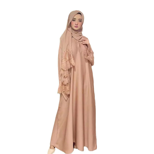 2025 Spring New Middle Eastern Women Clothing Muslim Women Robe With Lace Sleeves Malay Indonesian Dress With Headscarf Hijab
