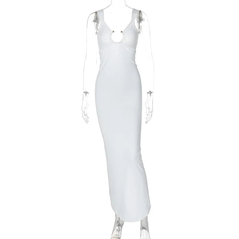 2025 Women Elegant Beach Party Dress V-Neck Sleeveless Bodycon Summer Long Dresses White Backless Maxi Dress