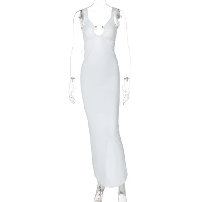 2025 Women Elegant Beach Party Dress V-Neck Sleeveless Bodycon Summer Long Dresses White Backless Maxi Dress