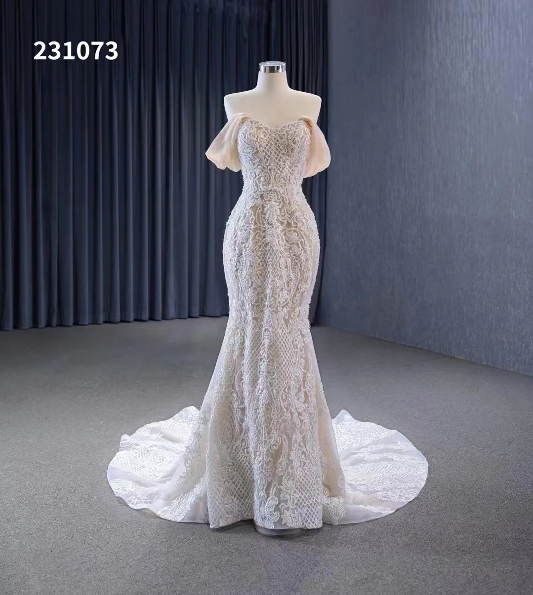 Feishiluo Modern Luxurious Mermaid Wedding Dress All Bead Removable Off-Shoulder with Lace Decoration Appliques and Embroidery