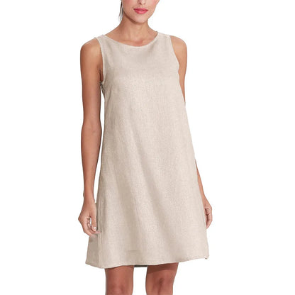 100% Linen O-Neck A-line Casual Sleeveless Loose Pockets Dress for Women