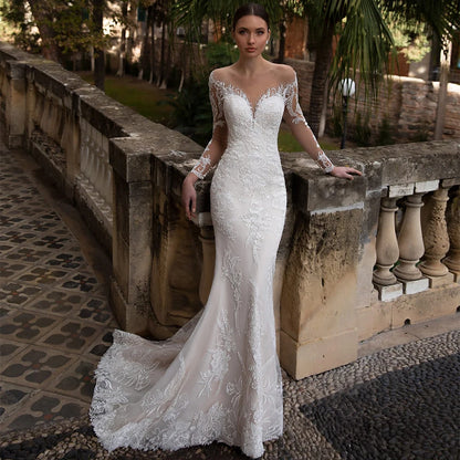 NE305 African Elegant Mermaid Wedding Dress Pure White Color Lace Appliques Long Sleeves Plus Size Wedding Dresses Bridal Gowns