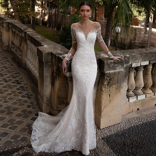 NE305 African Elegant Mermaid Wedding Dress Pure White Color Lace Appliques Long Sleeves Plus Size Wedding Dresses Bridal Gowns