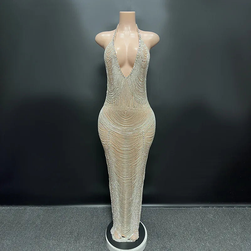 Novance Y2699-Lc Maxi Plus Size Custom Dresses Manufacturing Golden Evening Dress Rhinestone Dress With Mesh for Birthday Party