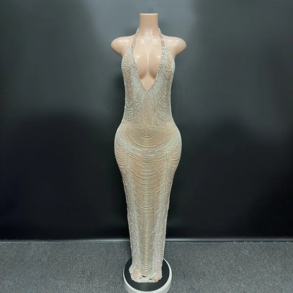 Novance Y2699-Lc Maxi Plus Size Custom Dresses Manufacturing Golden Evening Dress Rhinestone Dress With Mesh for Birthday Party