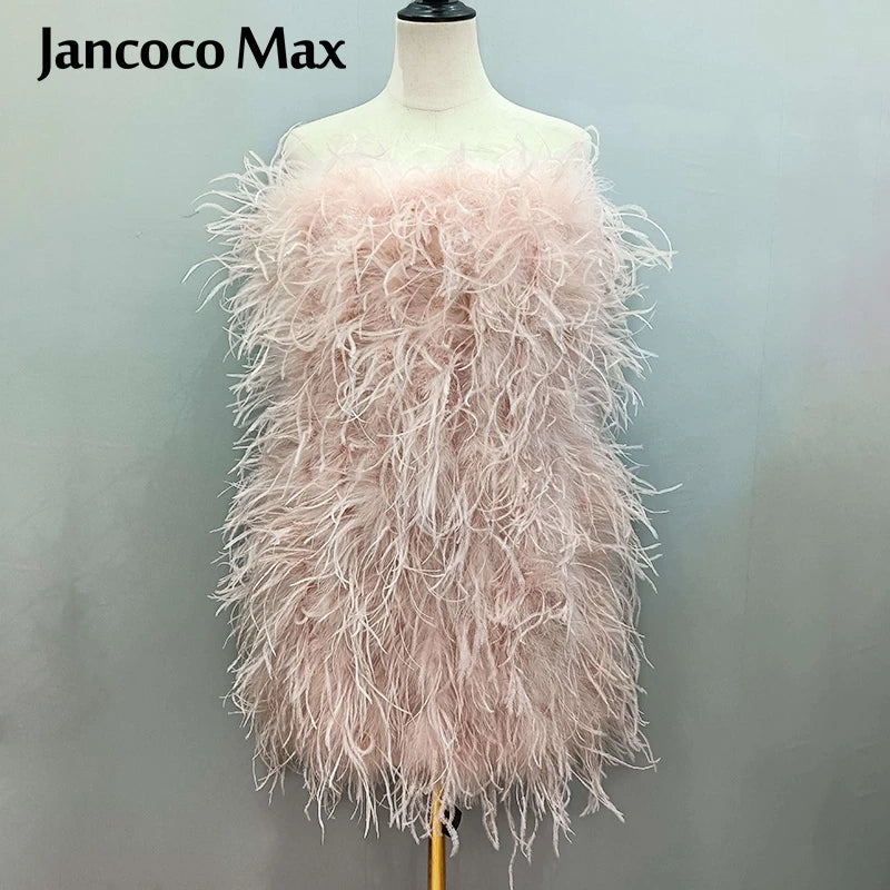 Long Pink Wrap Feather Fur Dress Party Ostrich Feather Dress for Ladies