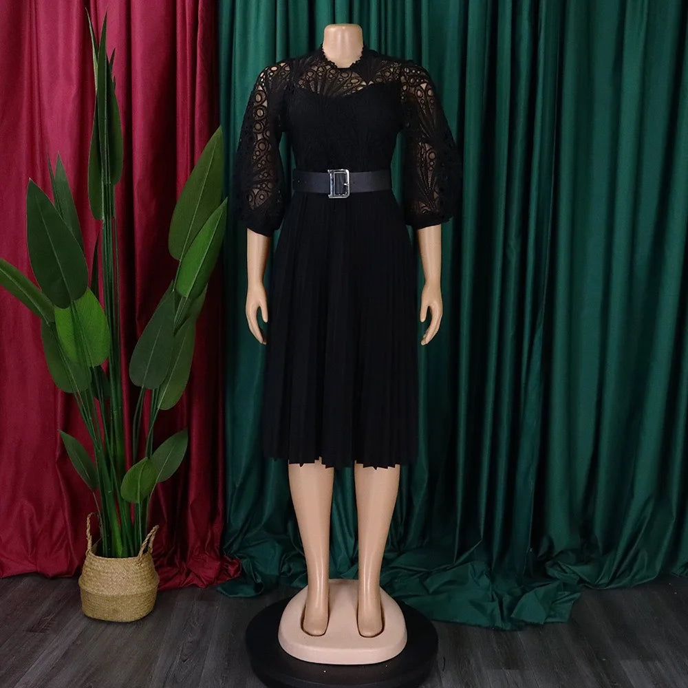 Europe and America New Design Ladies Spring Dress new Solid Lace Dresses Women Hook Flower Hollow Out Pleated Dress