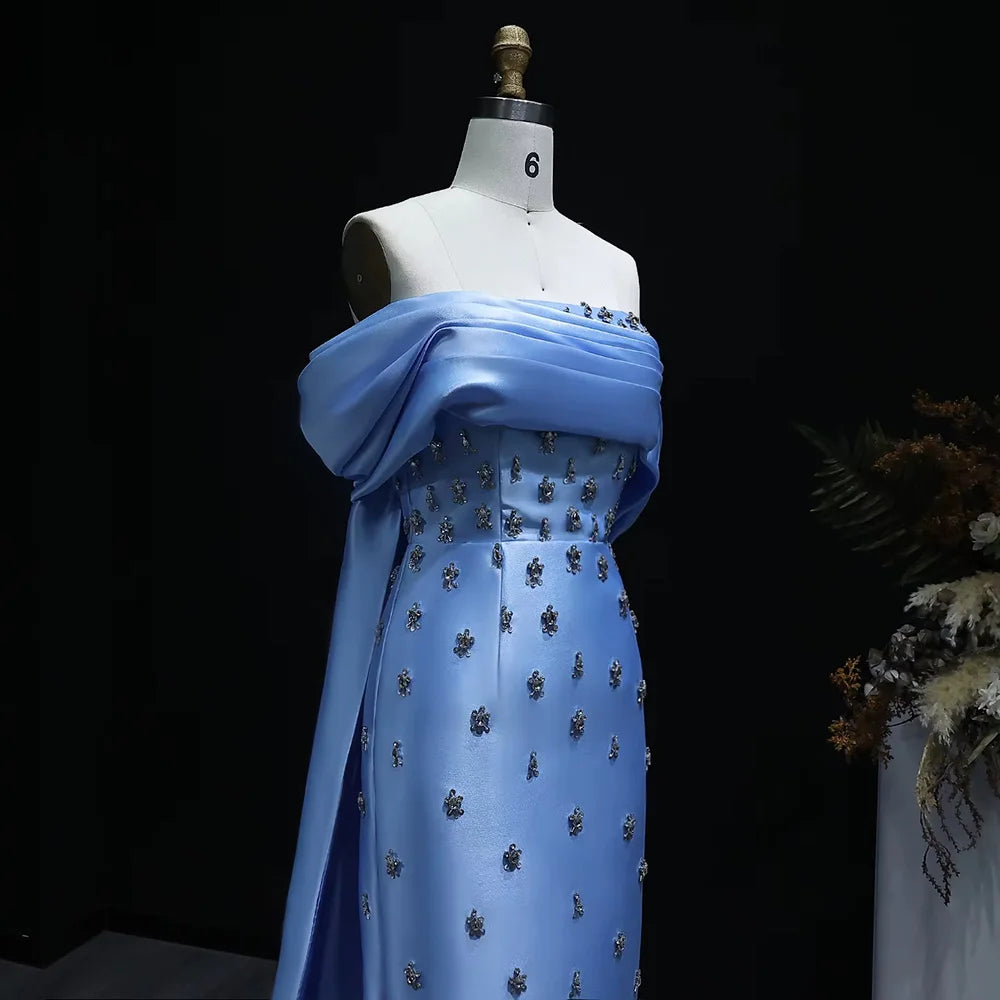 Elegant Off Shoulder Blue Satin Evening Dress With Overskirt Crystal White Midi Wedding Party Gowns Lsz270