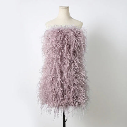 Long Pink Wrap Feather Fur Dress Party Ostrich Feather Dress for Ladies