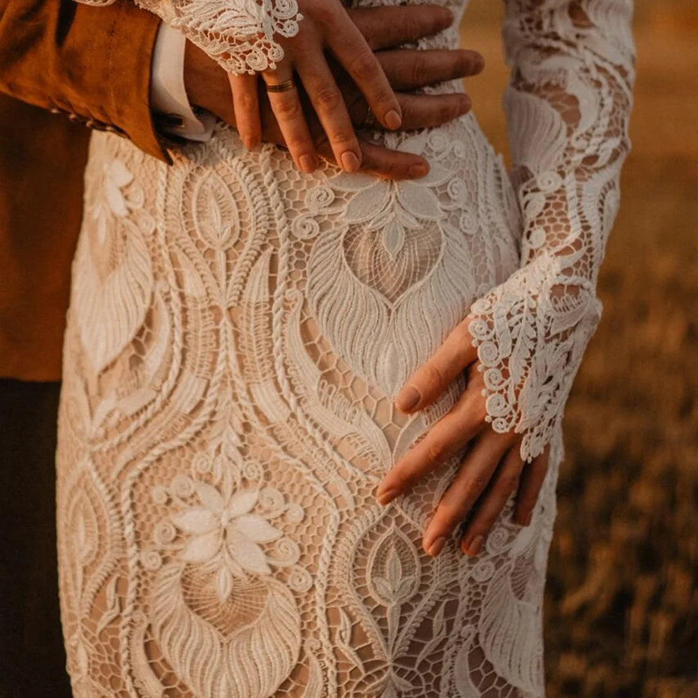 #10165 2 Pieces Long Sleeves Lace Rustic Wedding Dress Backless Vintage Beach Barn Ranch Plus Size Custom Made  Mermaid