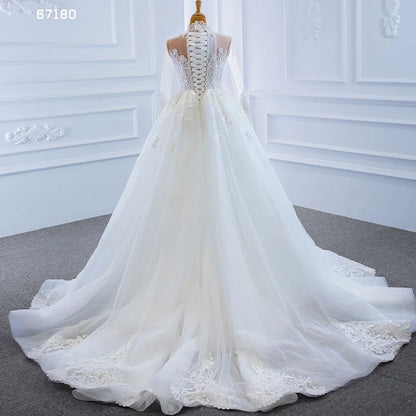 Jancember RSM67180 High Neck Quality Mermaid Lace Long Sleeve Detachable Train Wedding Dress Bridal Dress