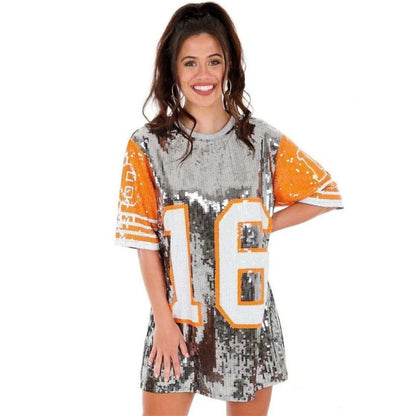 Cheerleaders Uniform O-Neck Number 16 Sparkle Sequin T-shirt Dress Festival Club Casual Loose Oversized Tunic Tee Sequin Jersey
