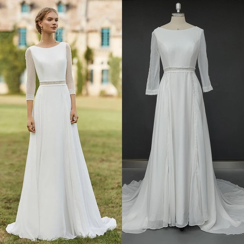 8862# Real Photos O-neck Backless Appliques Illusion Lace Wedding Dress Soft Chiffon Sweep Train A-line Bridal Gown for Party