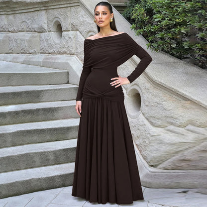 Elegant Casual Solid Color Eco-Friendly Breathable Washable Plain Dyed Maxi Loose Natural Waist Autumn Dress Shoulder Long