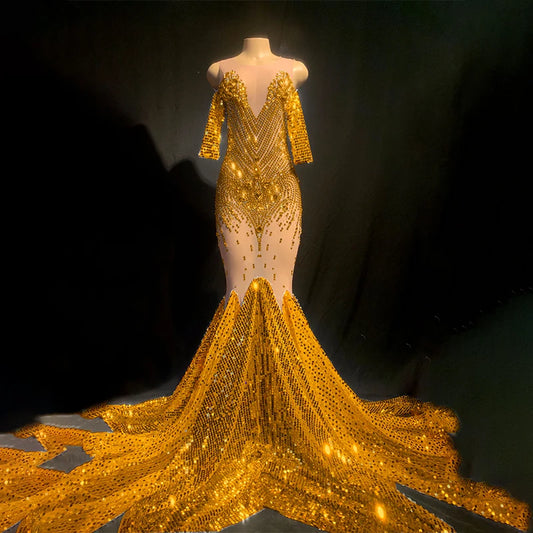 Elegant See Through Glitter Sequins Rhinestone Wedding Party Ball Gowns for Women Prom Trailing Dress Mermaid Evening Dresses