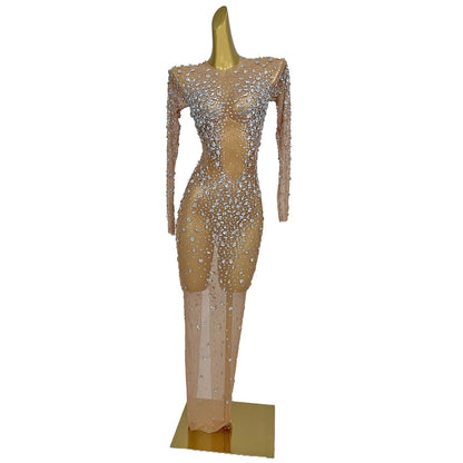 Elegant Long Sleeves Evening Gown Women Sexy Diamonds Birthday Party Bodycon Rhinestone Dress Cocktail Prom Long Dress Club Wear