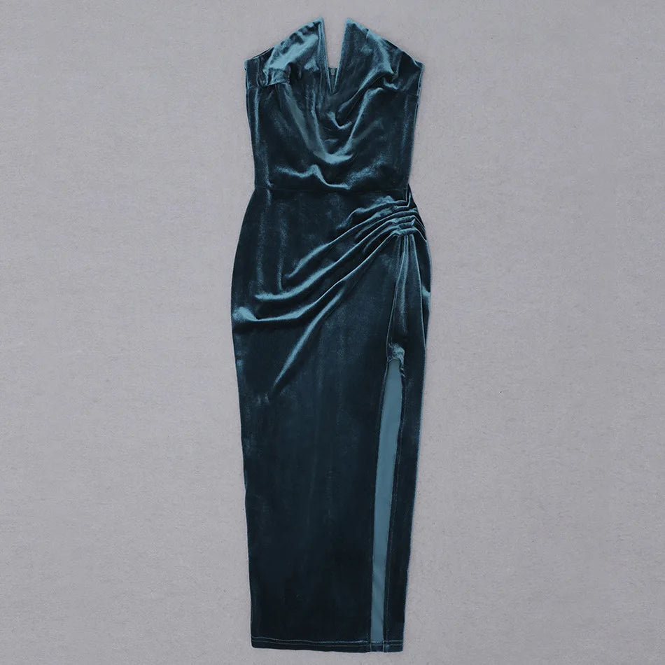 R30409S 2022 Spring and Summer New Ladies Velvet Tube Top V-neck Irregular Slit Mid-length Dress High-end Clothing Black Dress