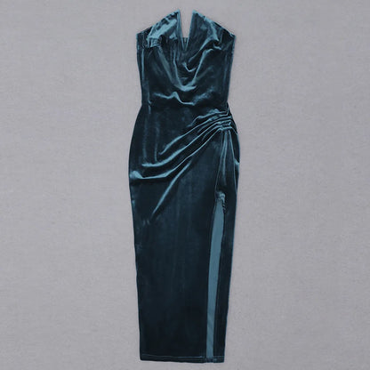 R30409S 2022 Spring and Summer New Ladies Velvet Tube Top V-neck Irregular Slit Mid-length Dress High-end Clothing Black Dress