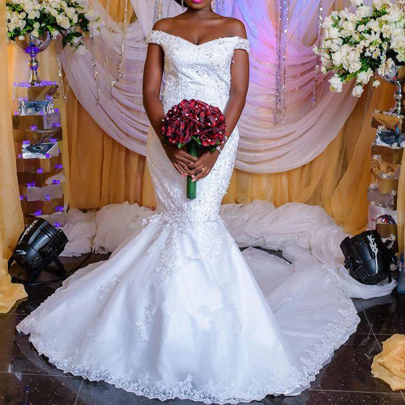 FA231 Wedding Dress Mermaid African Cryatsl Lace Wedding Gown Plus Size Vestido De Noiva Simple Dress
