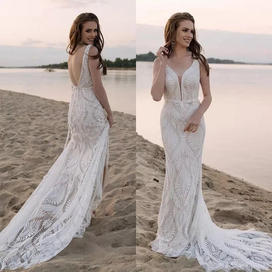 13508# Chic Spaghetti Straps V-Neck Sleeveless Backless Mermaid Lace Simple Bohemian Beach Wedding Dress Bridal Gown