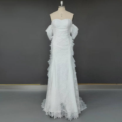 #11286 2021 Elegant Mermaid Lace Off-Shoulder Strapless Wedding Dress Open Back Rustic Bridal Photoshoot Gown