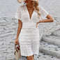 Deep V-Neck Solid Natural Waist Short Sleeve A-line Beach Dress Polyester/Cotton Summer