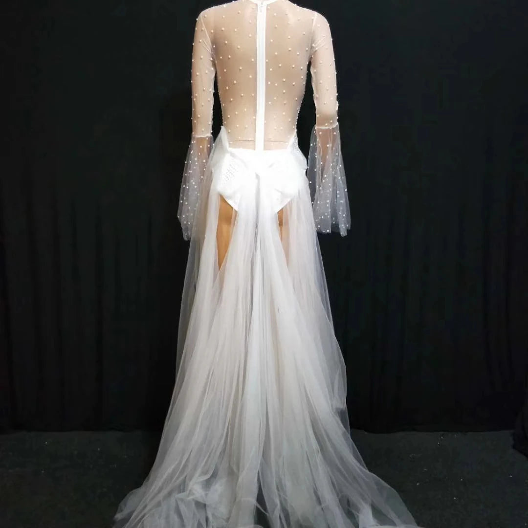 Designer See Through White Pearls Birthday Wedding Party Dress Jazz Singer Dancer Stage Costume Women Sexy Trailing Prom Dresses
