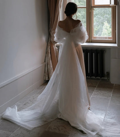 4531# Real Photos Custom Elegant Off Shoulder for Beach Wedding Lace Sweep Train Satin A-line Wedding Dress Bridal Gown