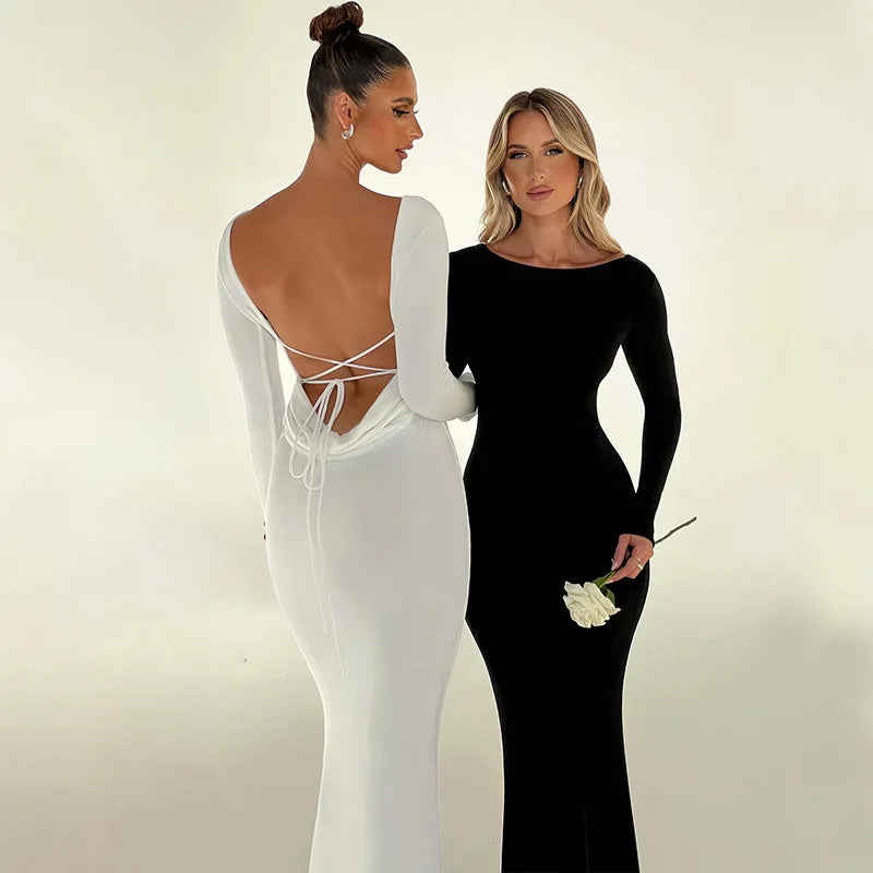 Custom Straight Knitted Mock Dress Slim Styles Solid Sweater Halter Dresses Backless Women Lady Elegant