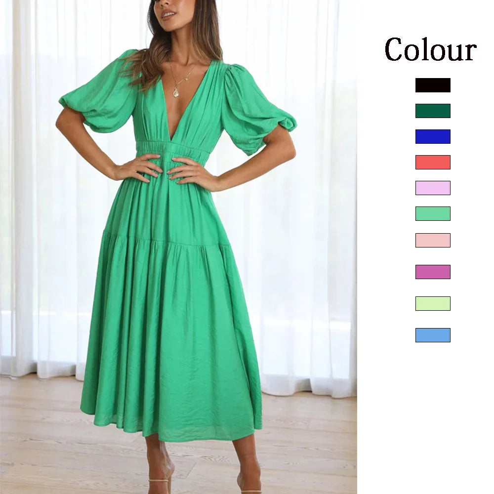 Women 2024 Puff Sleeve Deep V Neck Long Dresses Summer for Woman Sexy Green Women's Dress Summer Royal Blue