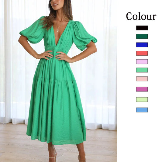 Women 2024 Puff Sleeve Deep V Neck Long Dresses Summer for Woman Sexy Green Women's Dress Summer Royal Blue