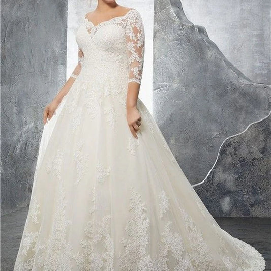 FA205 Plus Size Wedding Dress A-line  Half Sleeve Long Ivory Vestido De Novia Elegant Lace Appliques