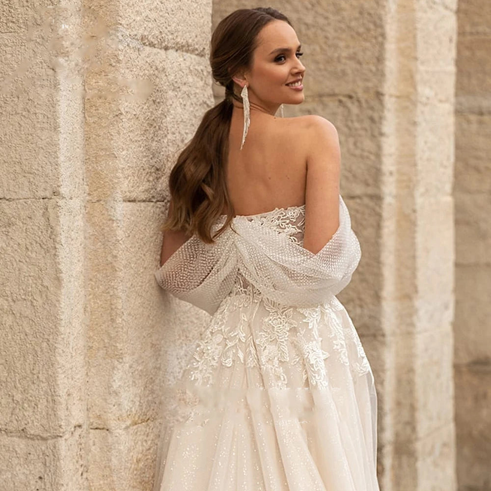 13409#Bohemian Off-Shoulder A-Line Wedding Dresses Backless Short Sleeve Sweep Train Sweetheart Sparkle Lace Wedding Bridal Gown