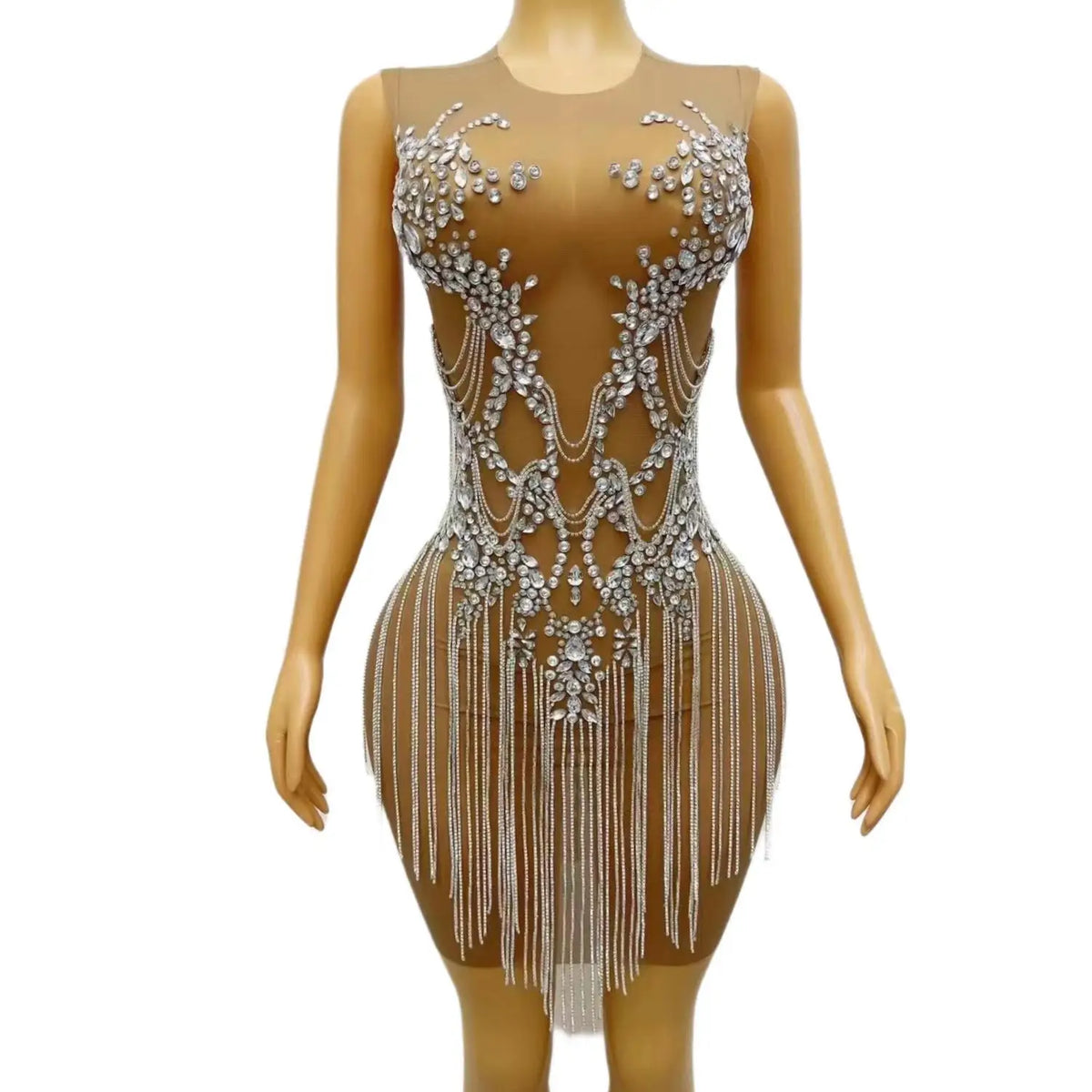 Sexy Transparent Crystal Tassel Sequin Cocktail Night Club Party Mini Dress Plus Size Dinner Gown Women Dancer Wear Prom Dress